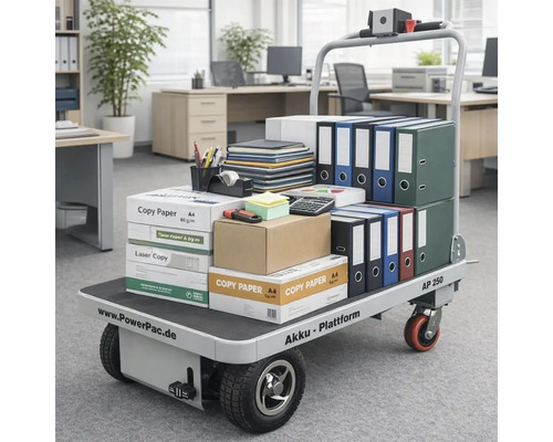 Elektrische platformwagen beladen met kopieerpapier en ordners in een kantooromgeving