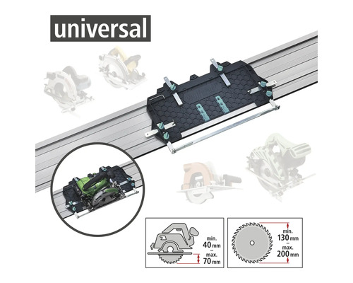 Universele geleiderail voor handcirkelzagen met zaagdiepten van 40 millimeter tot 70 millimeter en zaagbladdiameters van 130 millimeter tot 200 millimeter