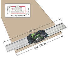 Afbeelding van een cirkelzaag met geleiderail voor het zagen van een werkstuk met afmetingen van 145 cm en maximaal 110 cm, inclusief maataanduidingen.