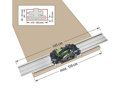 Afbeelding van een cirkelzaag met geleiderail voor het zagen van een werkstuk met afmetingen van 145 cm en maximaal 110 cm, inclusief maataanduidingen.