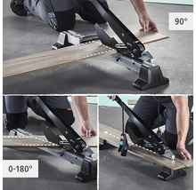 Laminaatsnijder in gebruik met hoekinstellingen van 0 tot 180 graden en 90 graden.