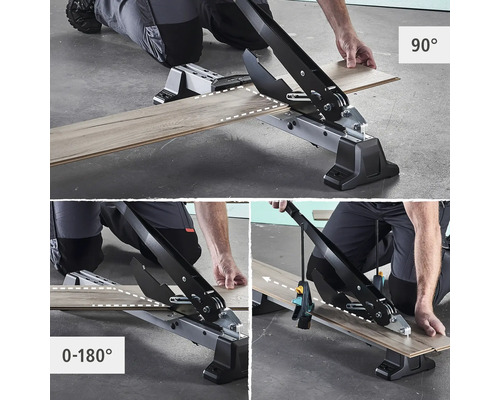 Laminaatsnijder in gebruik met hoekinstellingen van 0 tot 180 graden en 90 graden.