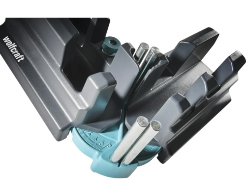 Wolfcraft zwaaihaak en verstekbak van kunststof met metalen pennen voor het nauwkeurig instellen en zagen van verstekhoeken.