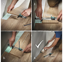 Meerdere aanzichten van een laminaatlegwerktuig in gebruik