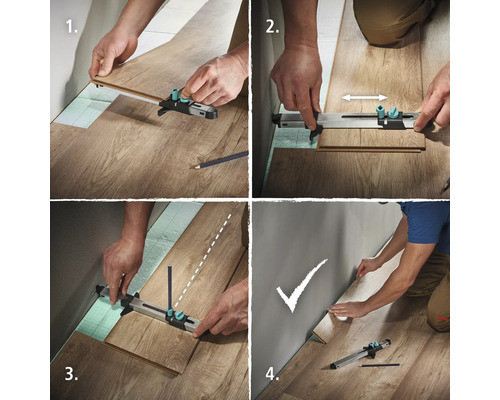 Meerdere aanzichten van een laminaatlegwerktuig in gebruik