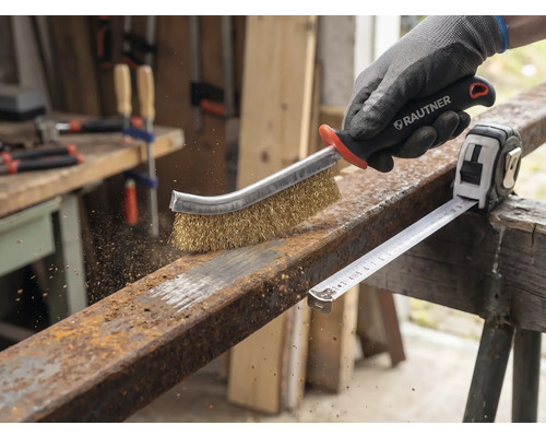 Een persoon gebruikt een staalborstel om roest te verwijderen van een stuk metaal naast een rolmaat.