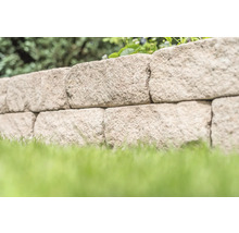 Natuurstenen muur met gazon in de tuin