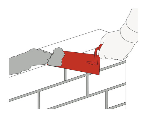 Illustratie van een hand die met een troffel mortel aanbrengt op een bakstenen muur.