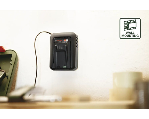 Bosch Logo. WANDMONTAGE symbool. Bosch 18 volt batterijlader aan de muur