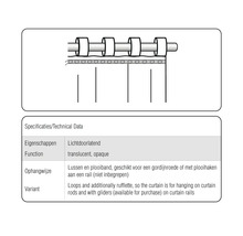 Technische tekening van een gordijnophanging met lussen en plooiband, geschikt voor een gordijnroede of gordijnrails.
