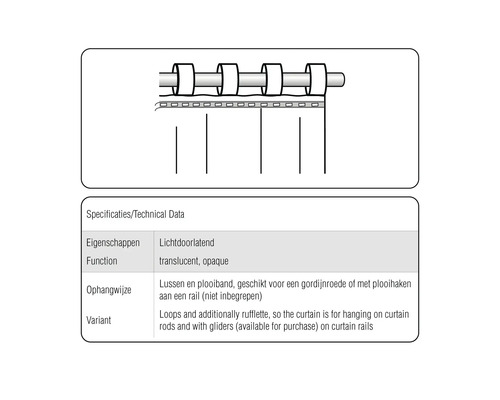 Technische tekening van een gordijnophanging met lussen en plooiband, geschikt voor een gordijnroede of gordijnrails.