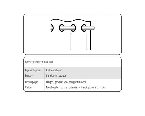 Gordijnophanging met metalen oogjes voor bevestiging aan gordijnroedes