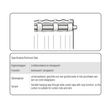 Technische gegevens voor gordijnen: lichtdoorlatend, transparant en universeel op te hangen aan gordijnroeden of met plooihaken aan een rail