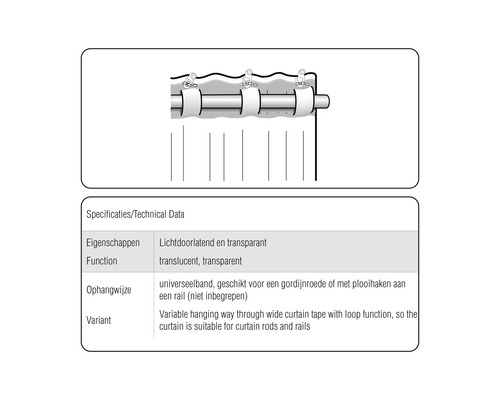 Technische gegevens voor gordijnen: lichtdoorlatend, transparant en universeel op te hangen aan gordijnroeden of met plooihaken aan een rail