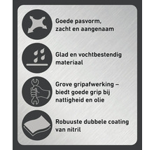 Symbolen voor pasvorm, vochtbestendig materiaal, grip en nitrilcoating