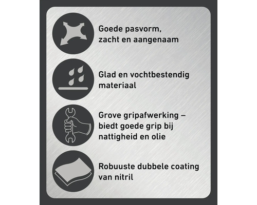 Symbolen voor pasvorm, vochtbestendig materiaal, grip en nitrilcoating