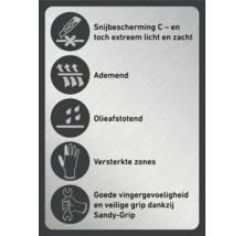 Pictogrammen tonen snijbescherming C, ademend, olieafstotend, versterkte zones, goede vingergevoeligheid en veilige grip dankzij Sandy-Grip.