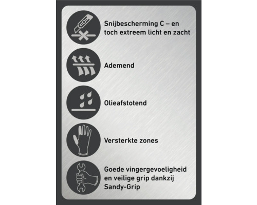 Pictogrammen tonen snijbescherming C, ademend, olieafstotend, versterkte zones, goede vingergevoeligheid en veilige grip dankzij Sandy-Grip.