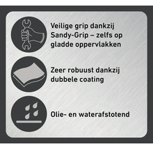 Symbolen voor veilige grip, robuuste dubbele coating en olie- en waterafstotend