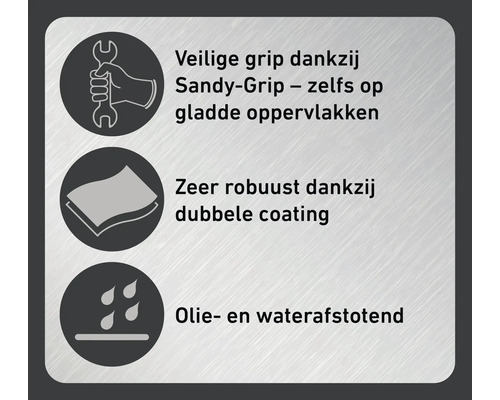 Symbolen voor veilige grip, robuuste dubbele coating en olie- en waterafstotend