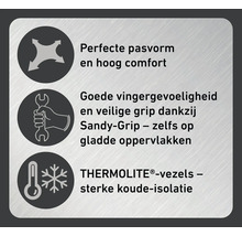 Symbolen voor perfecte pasvorm, vingergevoeligheid met veilige grip en koude-isolatie