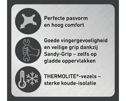 Symbolen voor perfecte pasvorm, vingergevoeligheid met veilige grip en koude-isolatie