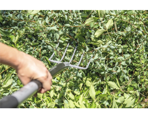Een persoon harkt bladeren bij elkaar met een metalen hark.