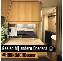Interieur van een camper met bed, opbergruimte en badkamer
