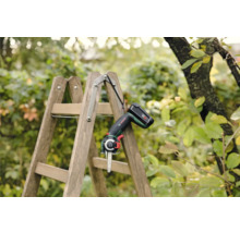 Accu-tuinzaag op houten ladder in de tuin