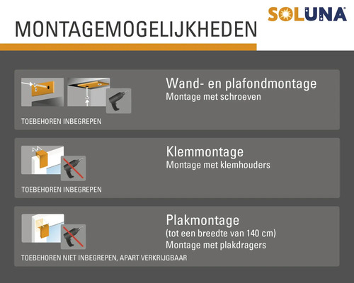 Soluna montagemogelijkheden voor wand-, plafond-, klem- en plakmontage