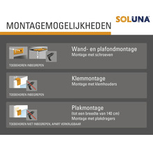 Soluna montagemogelijkheden voor wand-, plafond-, klem- en plakmontage