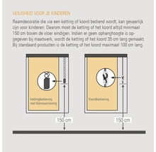 Afbeelding toont veiligheidsinstructies voor raamdecoratie met ketting- of koordbediening, waarbij de ketting of het koord minimaal 150 centimeter boven de vloer moet eindigen.