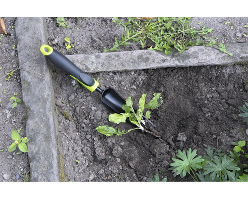 Tuinscene met onkruidsteker voor het verwijderen van onkruid