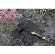 Tuingereedschap met hark en hak in de tuin naast een plant