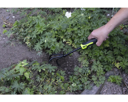 Tuinscène met een persoon die een tuinkrabber van het merk for_q gebruikt om de grond te bewerken.