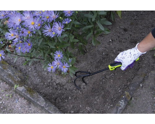 Een tuinman maakt de grond los met een cultivator naast paarse bloemen.
