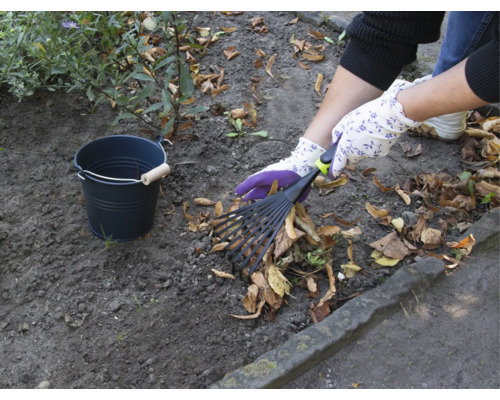 Tuinscene met bladhark, tuinhandschoenen en emmer voor het verzamelen van bladeren