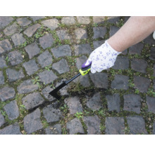 Een persoon verwijdert onkruid met een voegenkrabber van een stenen pad.