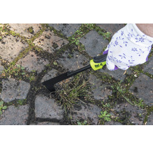 Iemand verwijdert onkruid met een voegenkrabber van for_q tussen straatstenen.