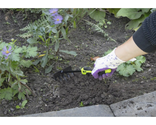 Persoon gebruikt een kleine hark om in de tuin te werken