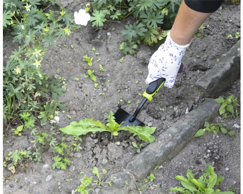Tuinbeeld met hand, tuinhandschoen en onkruidsteker in gebruik.