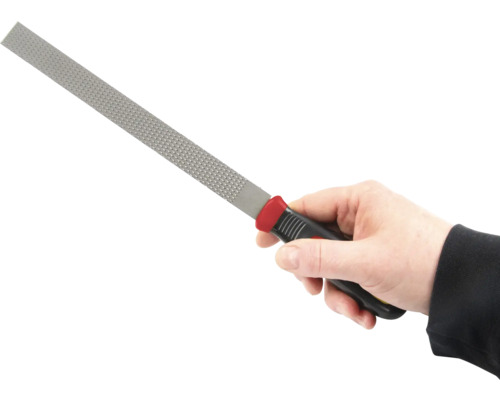 Hand houdt rasp met handvat vast