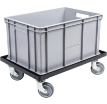 Grijze kunststof Eurobak op een zwarte transportroller met vier zwenkwielen.