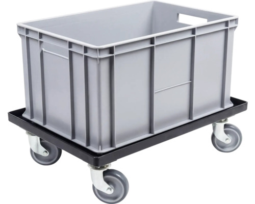 Grijze kunststof Eurobak op een zwarte transportroller met vier zwenkwielen.