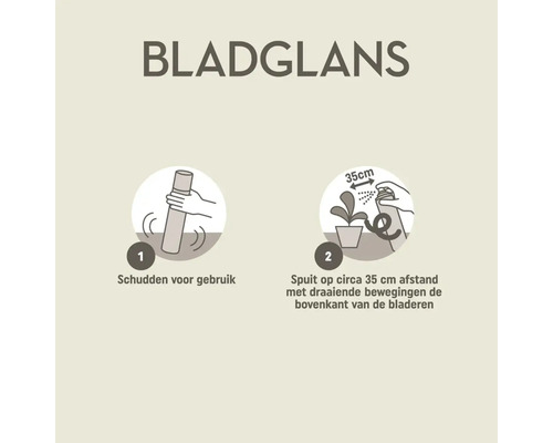Gebruiksaanwijzing voor bladglans: Schudden voor gebruik en spuit op circa 35 centimeter afstand op de bovenkant van de bladeren.