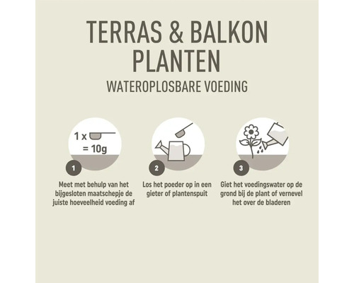 Instructies voor het gebruik van wateroplosbare plantenvoeding voor terras en balkon.