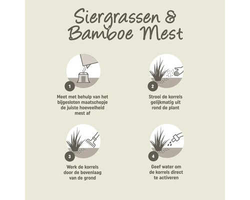 Instructies voor gebruik van siertuin- en bamboemest in vier stappen