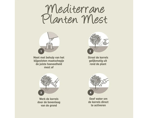 Instructies voor het gebruik van mediterrane plantenvoeding in vier stappen