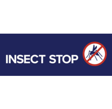 Tekst INSECT STOP en symbool voor insectenwering.