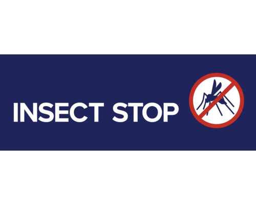 Tekst INSECT STOP en symbool voor insectenwering.